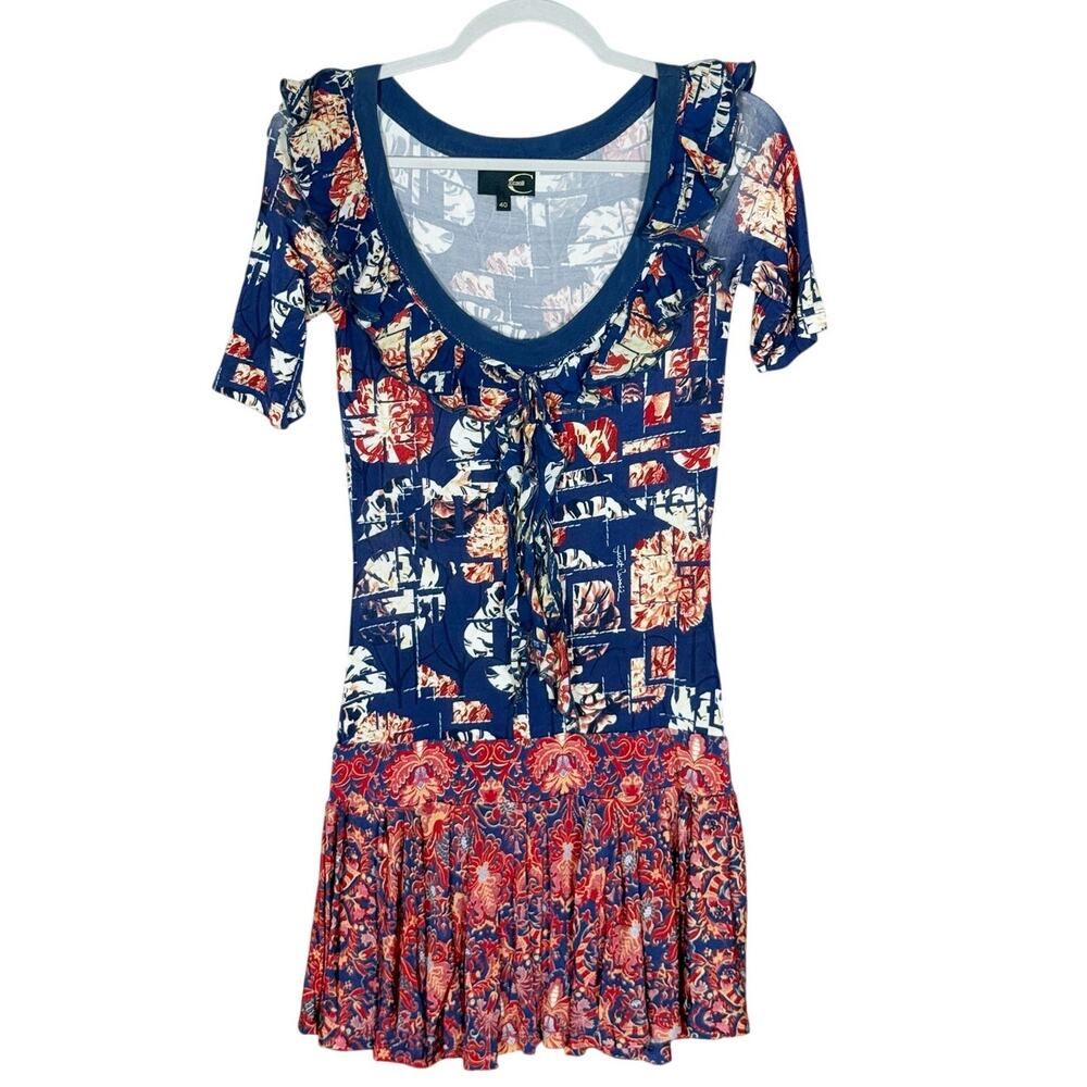 Just Cavalli Mini Dress Floral Print Ruffle Skirt Navy Blue Size 40 / Small